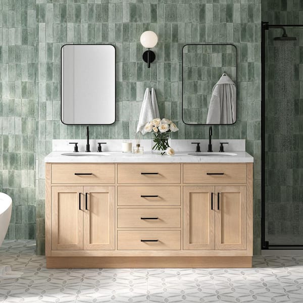 Hepburn 66 in. W x 22 in. D x 36 in. H Double Freestanding Bath Vanity in Oak with Carrara White Quartz Top