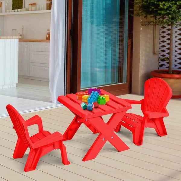 3-Piece Plastic Top Red Children Kids Table and Chair Set Play Furniture In/Outdoor