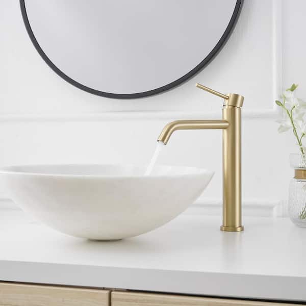 Single Handle High Arc Vessel Sink Bathroom Faucet with Pop-Up Drain and Spot Resistant in Brushed Gold