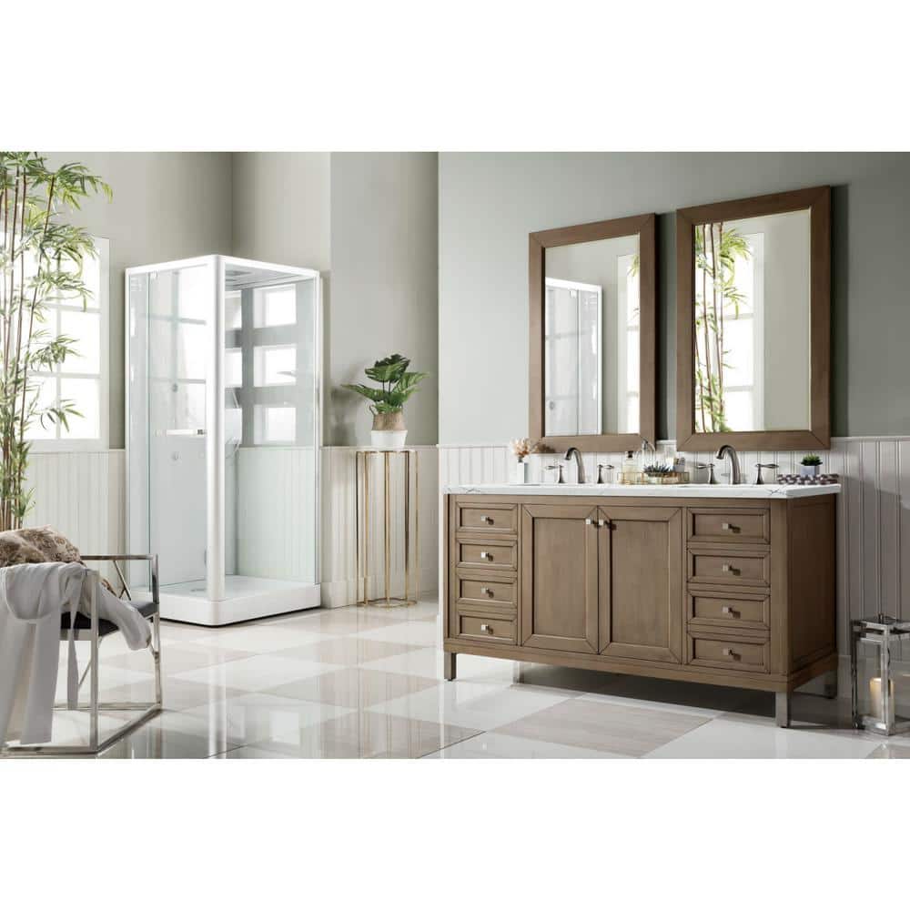 Walnut Whitewashed 60" Double Sink Vanity with Solid Surface Top