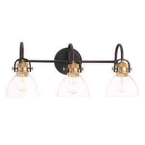 Monico 26 in. 3-Light Black and Natural Brushed Brass Vanity Light with Clear Seeded Glass Shades
