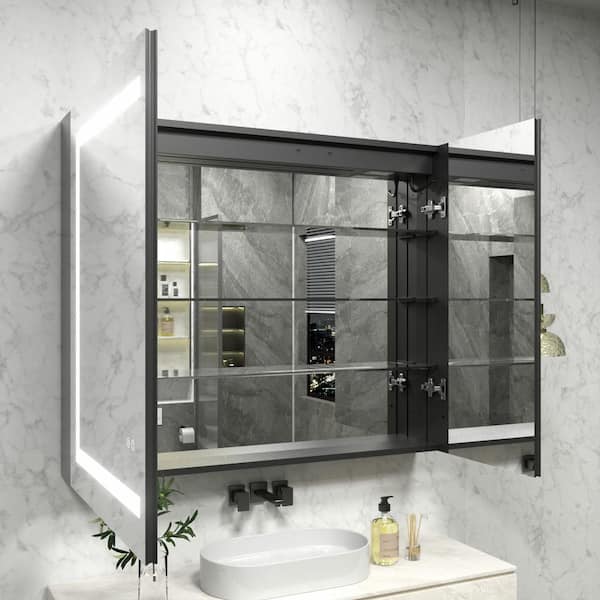 36 in. W x 30 in. H Rectangular LED Lighted Anti-Fog Tempered Glass Aluminum Medicine Cabinet with Mirror In Black