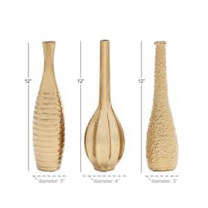 4 in., 12 in. Gold Slim Textured Bottleneck Ceramic Decorative Vase with Varying Patterns (Set of 3)