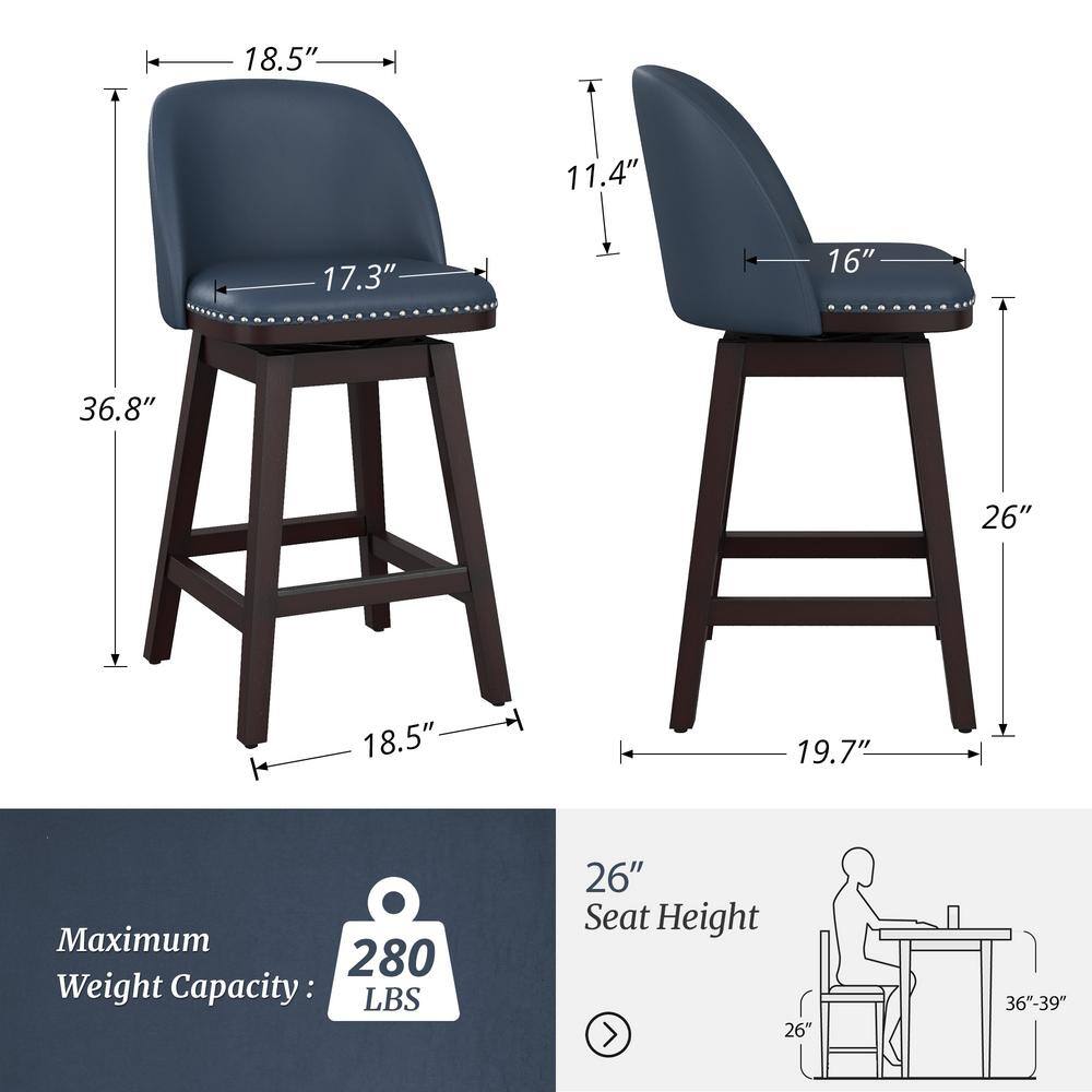 Navy Blue Wood Frame Swivel Counter Stools with Faux Leather, Set of 2