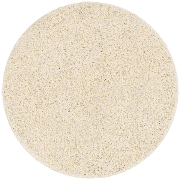 Well Woven Madison Shag Plain 7 ft. 10 in. x 7 ft. 10 in. Modern Solid Vanilla Round Area Rug