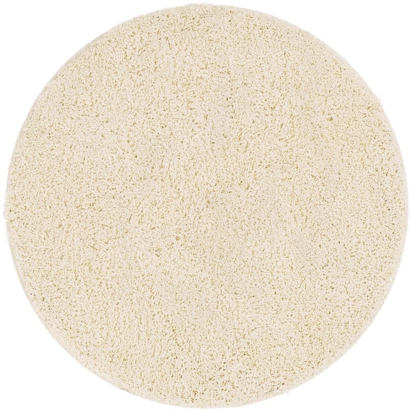 Well Woven Madison Shag Plain 3 ft. 11 in. x 3 ft. 11 in. Modern Solid Vanilla Round Area Rug