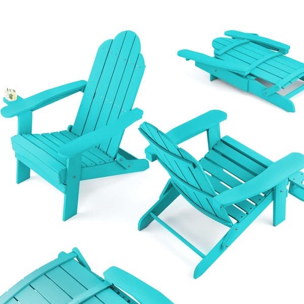 LUE BONA Blue Foldable Outdoor Patio Plastic Adirondack Chair with Cup Holder For Garden/Backyard/FirepitPoolBeach-Aruba (4-Pack)