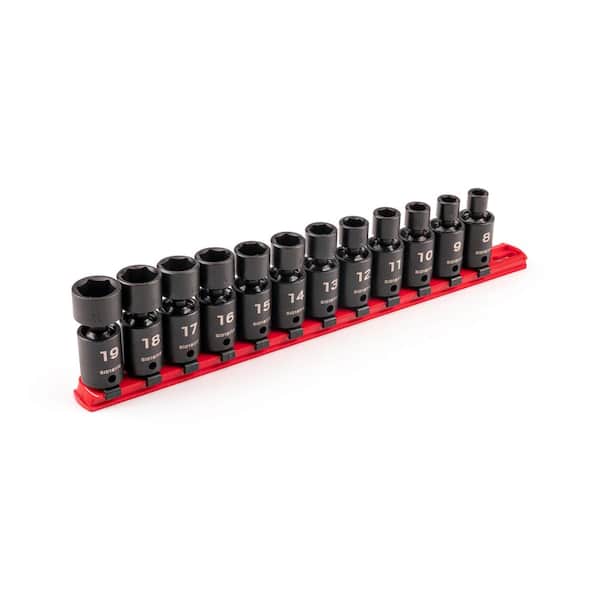 TEKTON 3/8 in. Drive 6-Point Universal Joint Impact Socket Set with Rail, 12-Piece (8-19 mm)