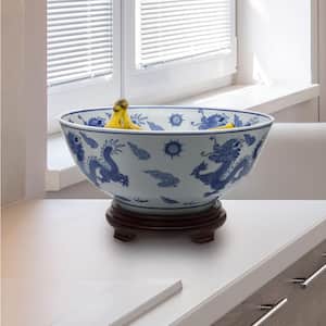 14 in. Oriental Furniture Dragon Blue and White Porcelain Bowl