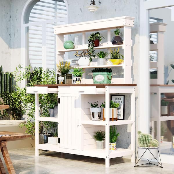 BTMWAY 50.2 in. W x 66.0 in. H White Garden Workstation Solid Fir Wood Potting Bench and Table with Cabinet, Drawers, Shelves