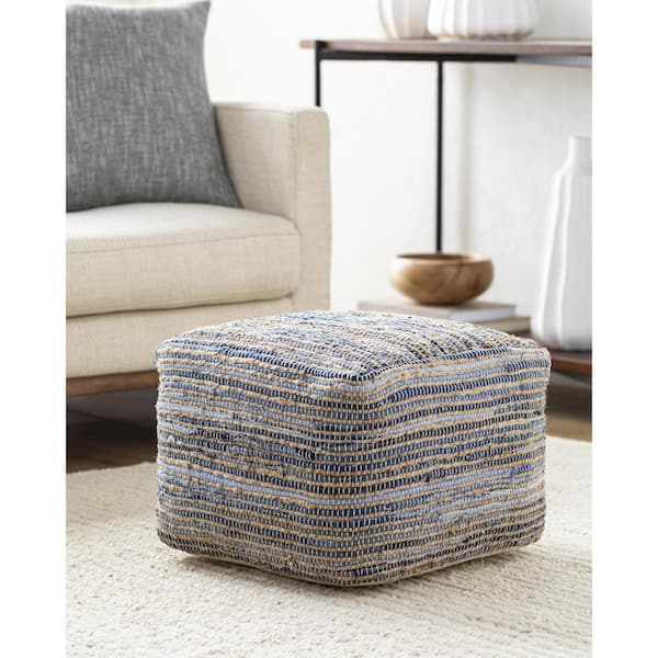 Livabliss Patrik Denim Cottage 18 in. L x 18 in. W x 14 in. H Cotton Pouf