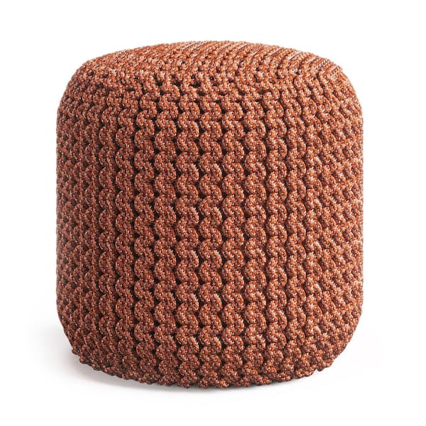 Wynne Boho Round Knitted Outdoor/ Indoor Pouf in Orange Recycled PET Polyester