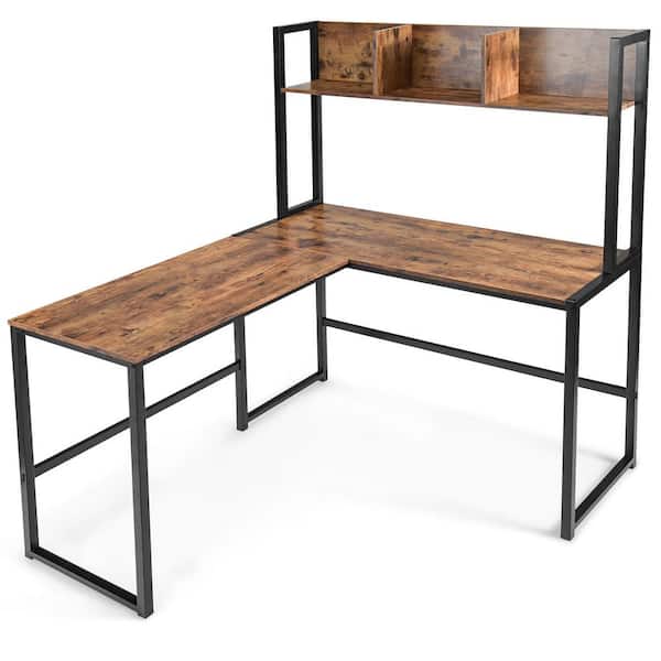 Costway Black Industrial L-Shaped 55 in. Corner Computer Desk Gaming Table Desk with Hutch Bookshelf