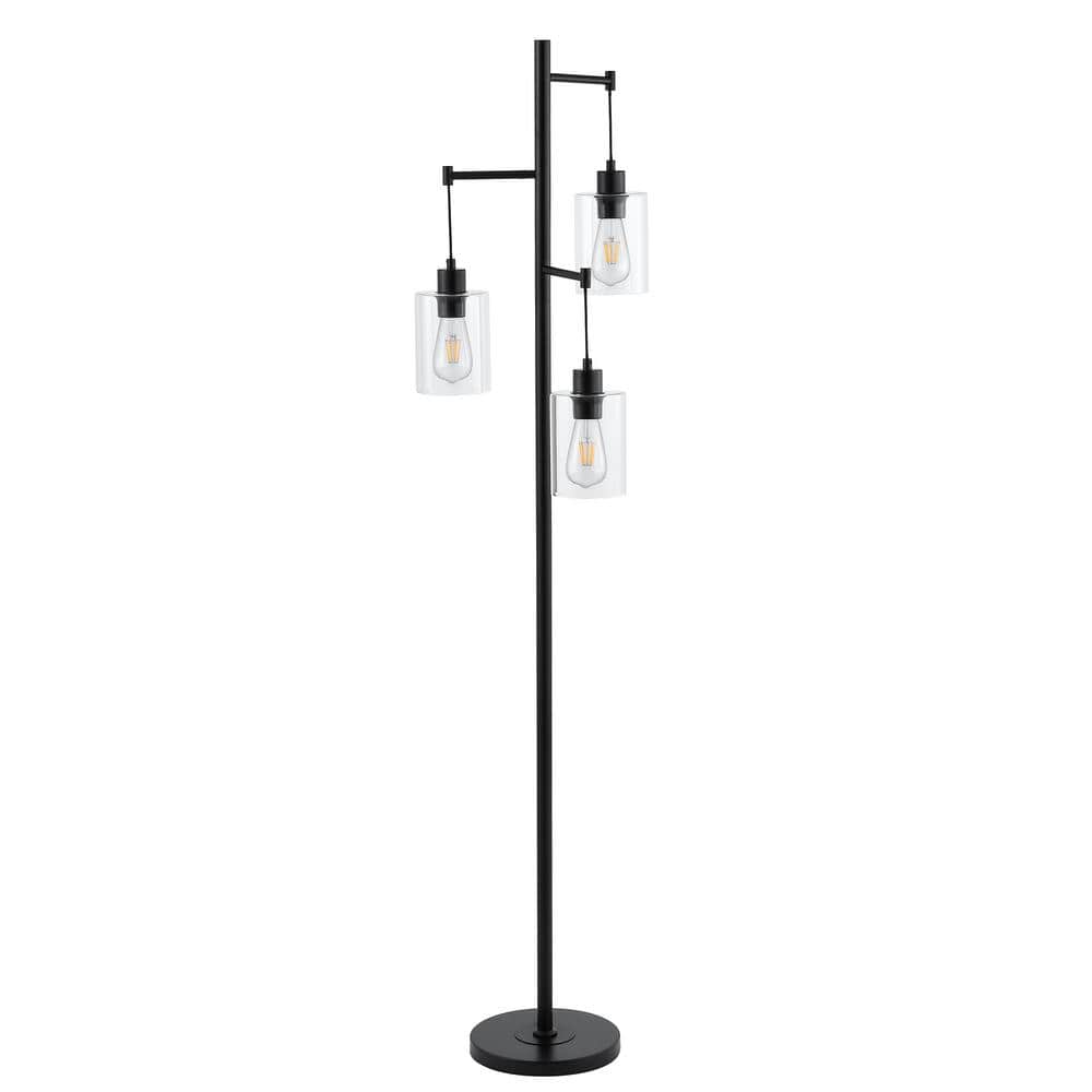 Industrial 69" Matte Black 3-Light Tree Floor Lamp with Glass Shades