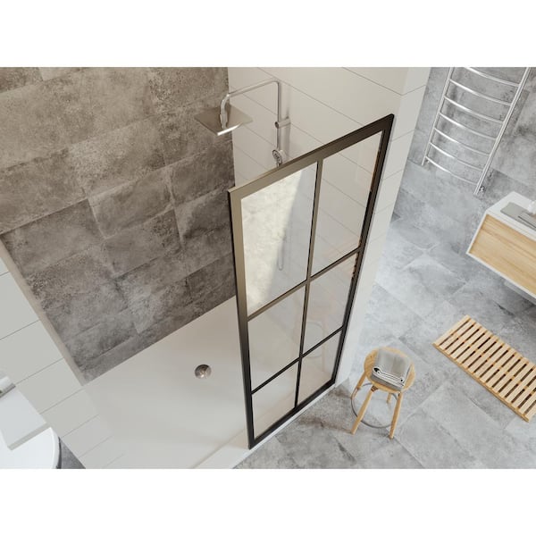 Madeira Series Grid Pattern Shower Screen with Enduroshield 24 X 76 inch  Fixed 3/8 Thick Clear Tempered Glass in Matte Black By Fab Glass and Mirror