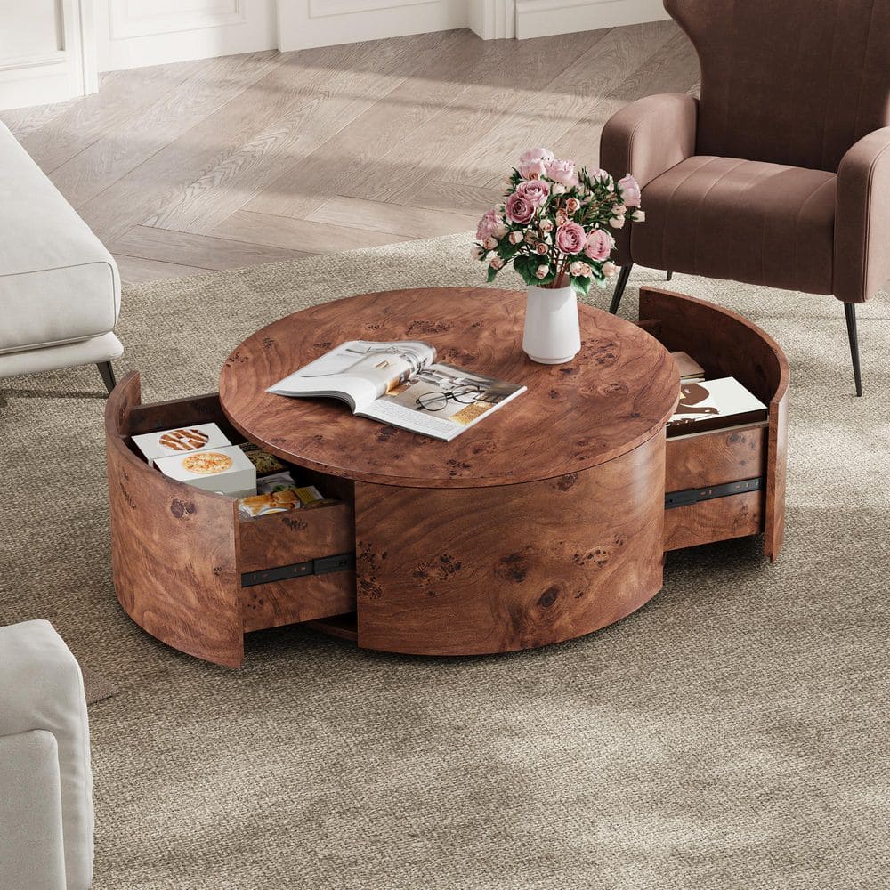 Harper & Bright Designs Walnut 28.4 in. Round Burl Wood Rotating Coffee ...