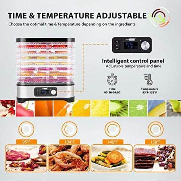 Food Dehydrator, Full Screen Glass Smart Stainless Steel Large Capacity  Dryer for Meat, Fruits, Vegetables and Healthy Snacks