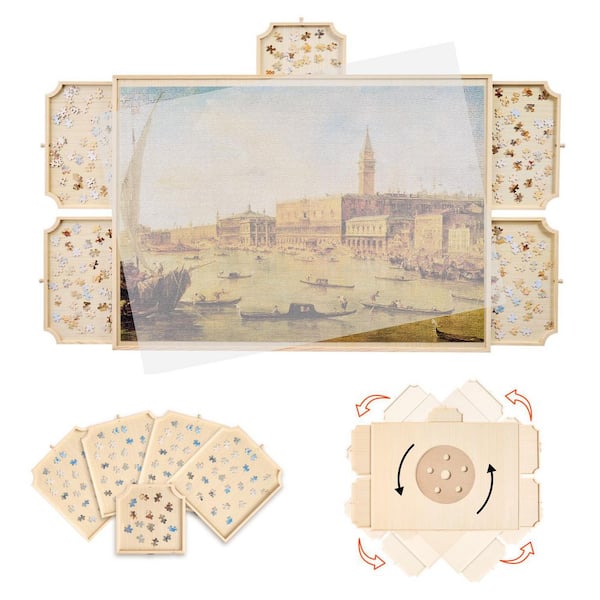 VEVOR 2000-Pieces Puzzle Board with 6-Drawers and Cover 41 x 30 in. Rotating Wooden Jigsaw Puzzle Plateau