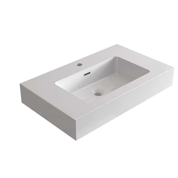 30 in. 18 in. Drop-In Bathroom Sink in Glossy White Solid Surface with Integrated Basin and Overflow
