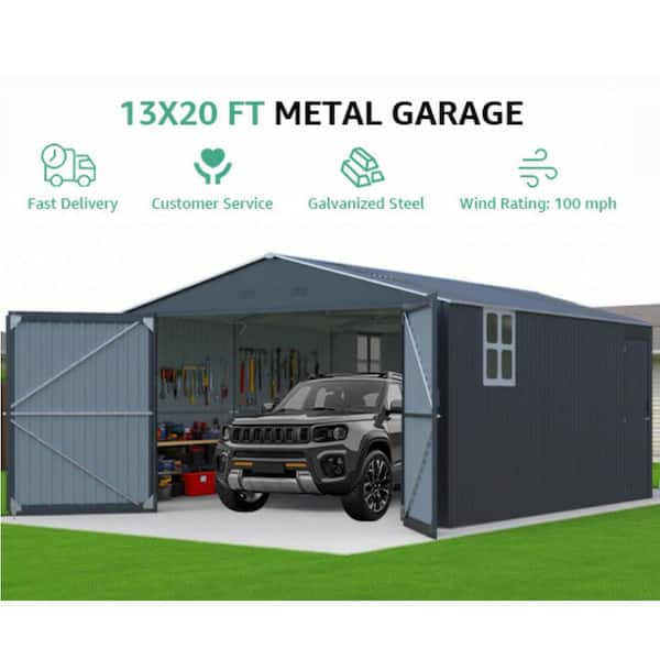 13 ft. W x 20 ft. D Gray Metal Outdoor Garage Shed with Windows