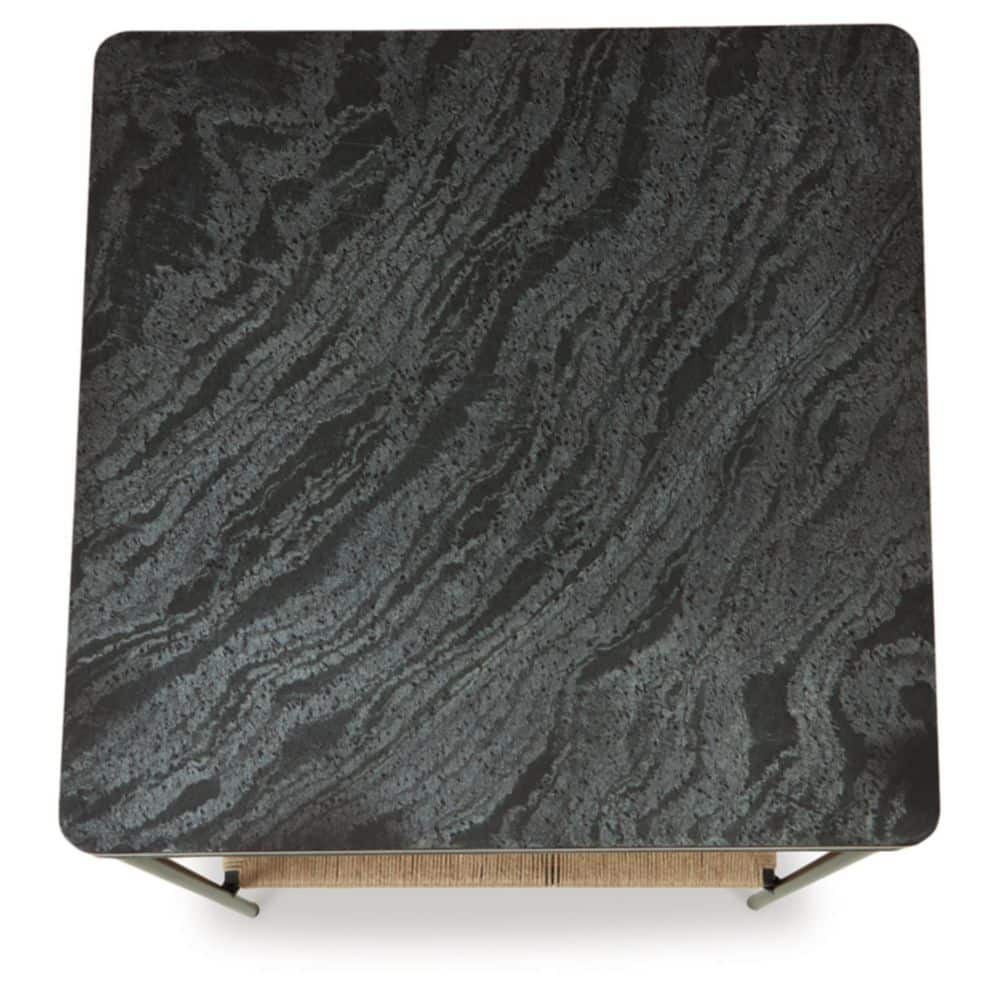 Square Black Marble and Beige Jute Accent Table