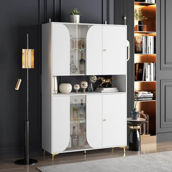 FUFU&GAGA White Wood 47.2 in. W China Display Cabinet with Hutch, Tempered Glass Doors