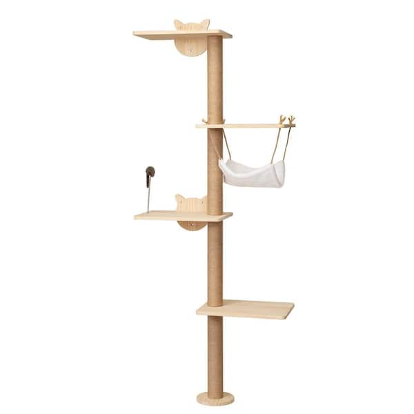 Unbranded 69.1 in. Small to Large Wooden Cat Trees, Wall-Mounted Cat Scratching Pad with Hammock