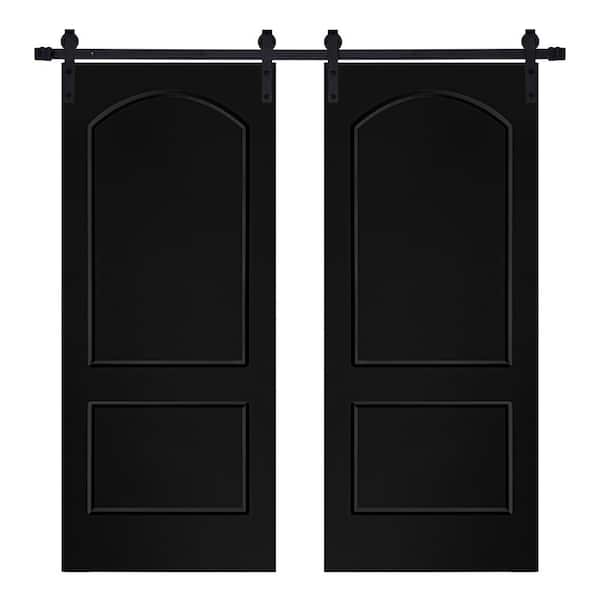 AIOPOP HOME Modern 2- Panel Roman Designed 60 in. x 80 in. MDF Panel Black Painted Double Sliding Barn Door with Hardware Kit