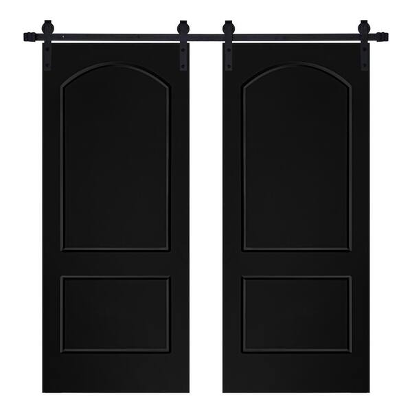 AIOPOP HOME Modern 2- Panel Roman Designed 84 in. x 96 in. MDF Panel Black Painted Double Sliding Barn Door with Hardware Kit
