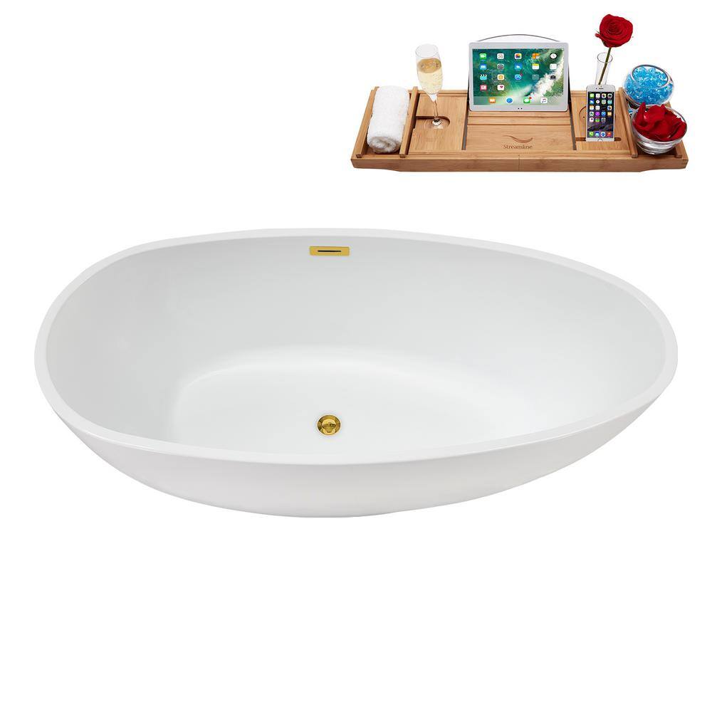 67" Glossy White Acrylic Freestanding Soaking Bathtub with Polished Gold Trim