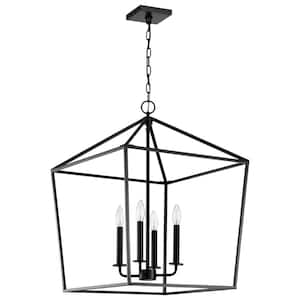 Emma 240-Watt 4-Light Matte Black Shaded Pendant Light with Matte Black Metal Shade, No Bulbs Included