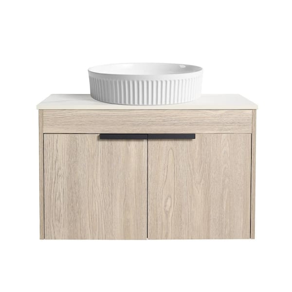 Boosicavelly 29.53 in. W x 18.9 in. D x 18.3 in. H Single Sink Wall Mounted Bath Vanity in White Oak with White Sintered Stone Top