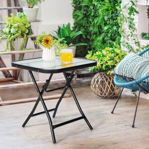 Black Square Metal Folding Glass Side Table Outdoor Bistro Table