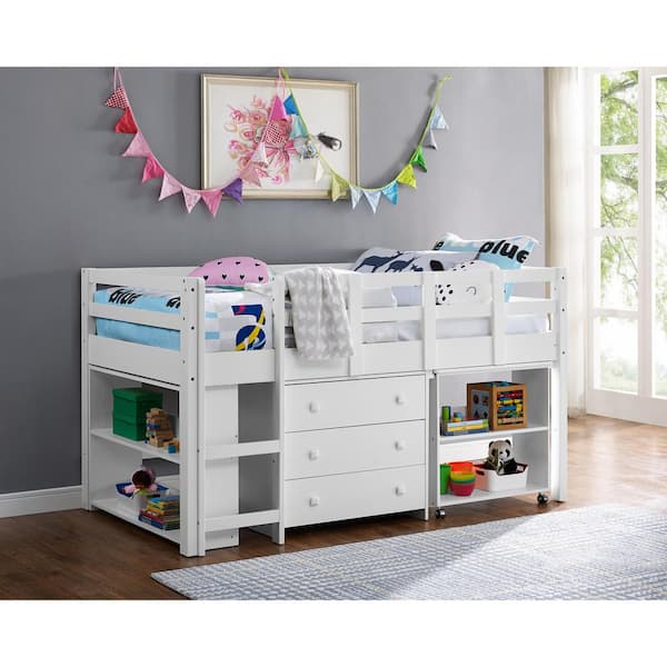 Homestock White Twin Loft Bed With, Low Loft Bed With Storage And Desk Top