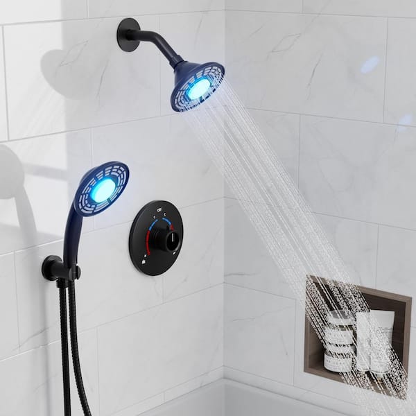 YAWWALK 2-Spray 5 in. LED 3-Color Dual Shower Head Wall Mount Handheld Shower Head in Matte Black (Valve Included)