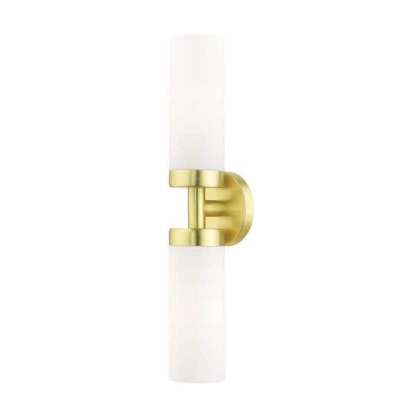 Aspen 19.25 in. 2-Light Satin Brass ADA Vanity Light with Satin Opal White Glass