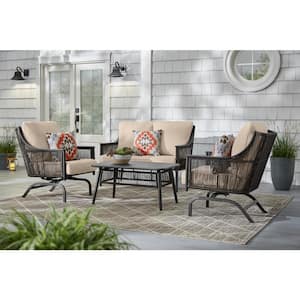 Bayhurst 4-Piece Black Wicker Outdoor Patio Conversation Seating Set with CushionGuard Putty Tan Cushions