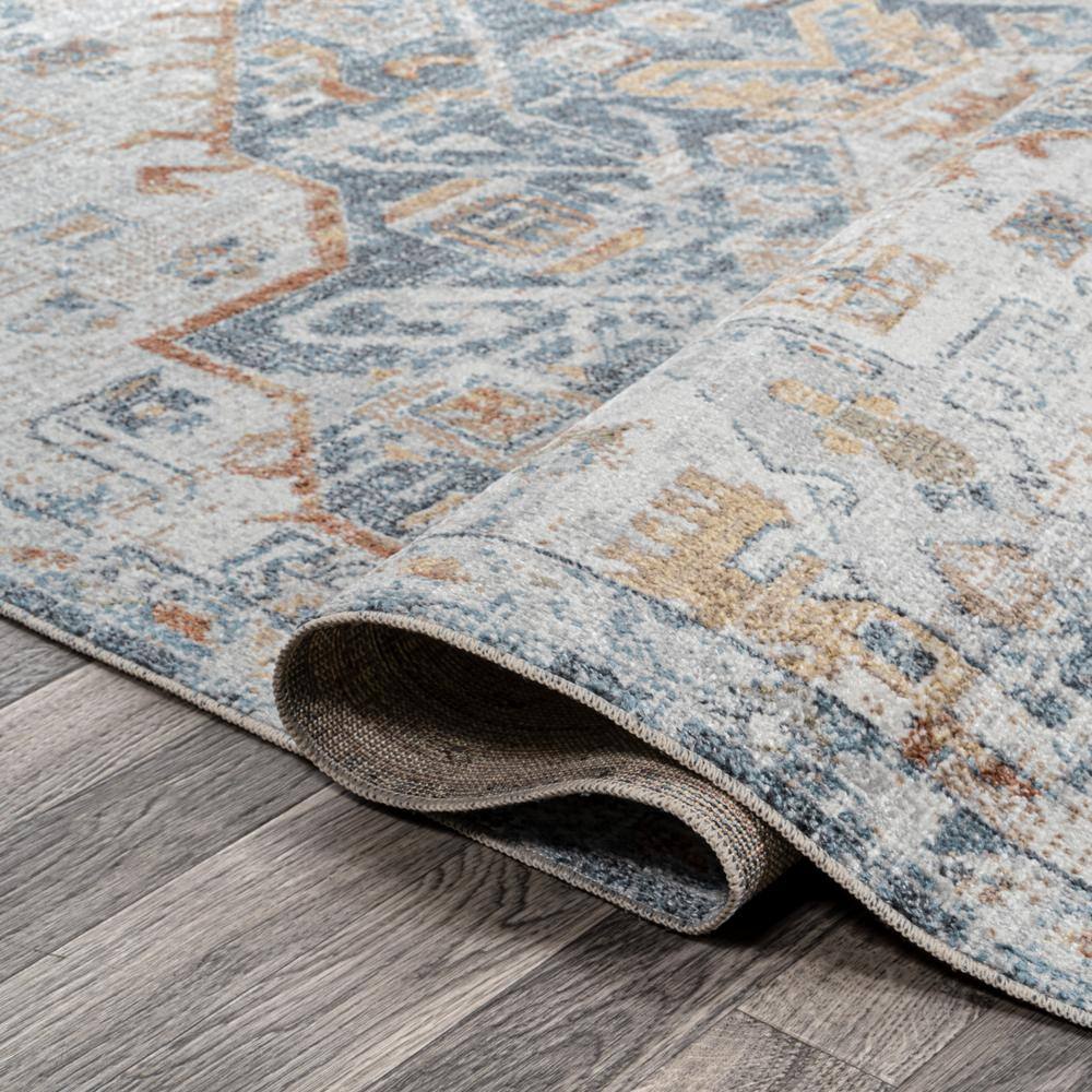 Cream and Blue Medallion Washable Synthetic Area Rug 3' x 5'