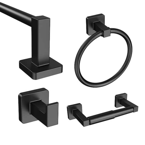 4-Piece Rectangular Bathroom Hardware Set, Bathroom Accessories with 24 in. Towel Rack Bar, Ring, Holder, Hook in Black