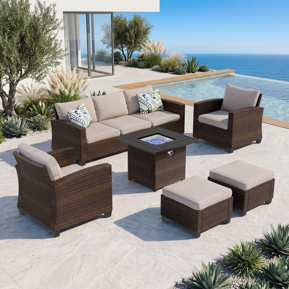  Peak - NATURA　B.F.F PHI VILLA Brown Rattan Wicker 6-Piece Steel Outdoor Patio