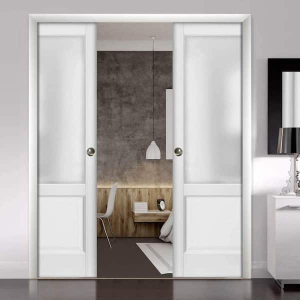 64 in. x 96 in. 1 Panel White Finished Pine Wood Sliding Door with Double Pocket Hardware