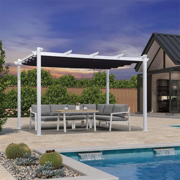PURPLE LEAF 10 ft. x 12 ft. Navy Blue Aluminum Outdoor Retractable Pergola with Sun Shade Canopy Cover White Patio Shelter