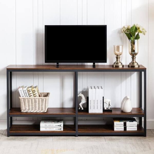 Kinwell Extra Large 64 In Brown Rectangle Narrow Wood Console Table With Half Spaced Shelf Mla000716 Teak The Home Depot Narrow Wood Console Table, Extra Long Media Console Table