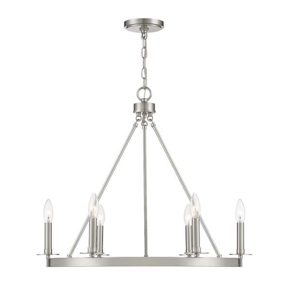 Savoy House 26 in. W x 22 in. H 6-Light Brushed Nickel Wagon Wheel Metal Chandelier with No Bulbs Included