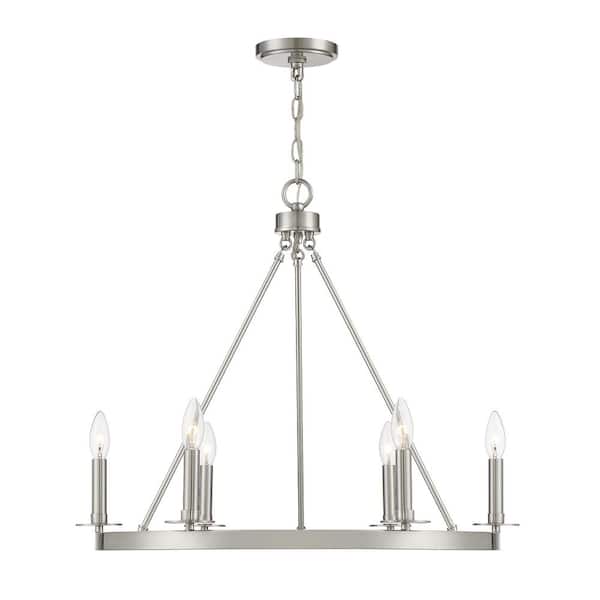 TUXEDO PARK LIGHTING 26 in. W x 22 in. H 6-Light Brushed Nickel Wagon Wheel Metal Chandelier with No Bulbs Included