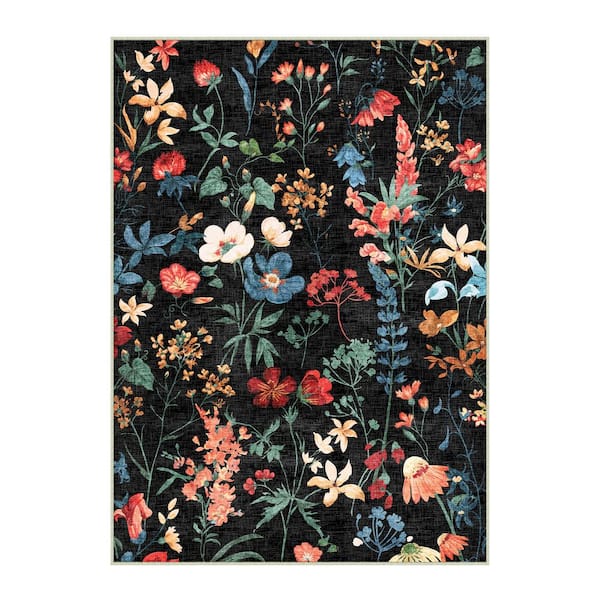 April Black 8 ft. x 10 ft. Floral Washable Area Rug