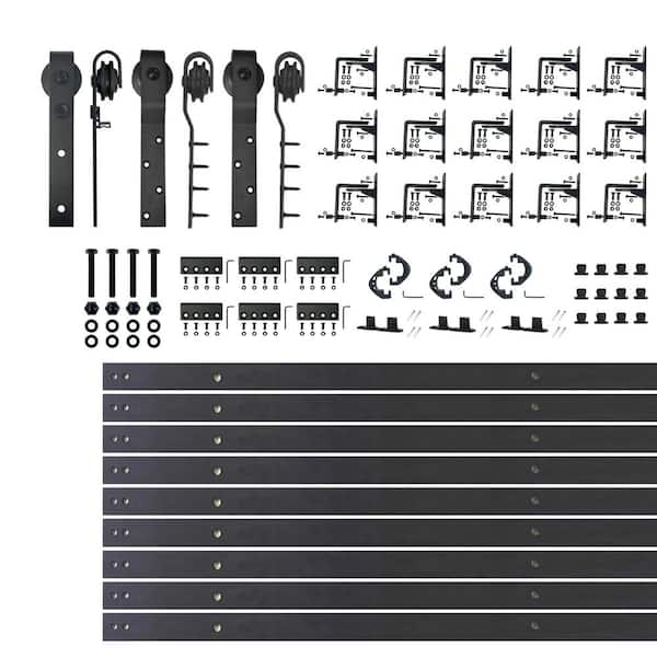 HOMACER 20 ft./240 in. Black Rustic Inverted Bent Triple Track Bypass Sliding Barn Door Track and Hardware Kit for Triple Doors