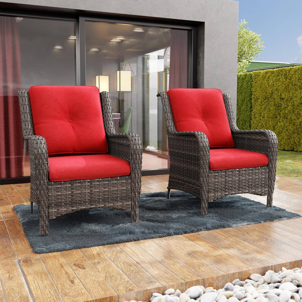 Gardenbee Ergonomic Arm 2-Piece Patio Wicker Outdoor Lounge Chair with Thick Red Cushions M08-RED-HDGB