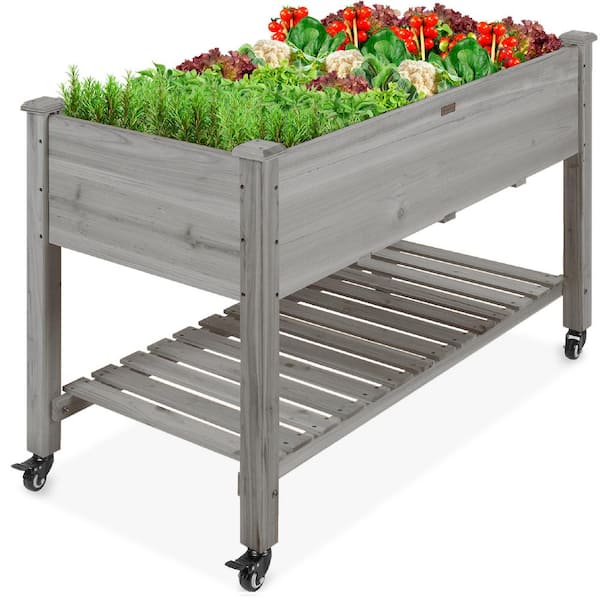 Best Choice Products 48 in. x 24 in. x 32 in. Wood Raised Garden Bed with Lockable Wheels, Liner - Gray