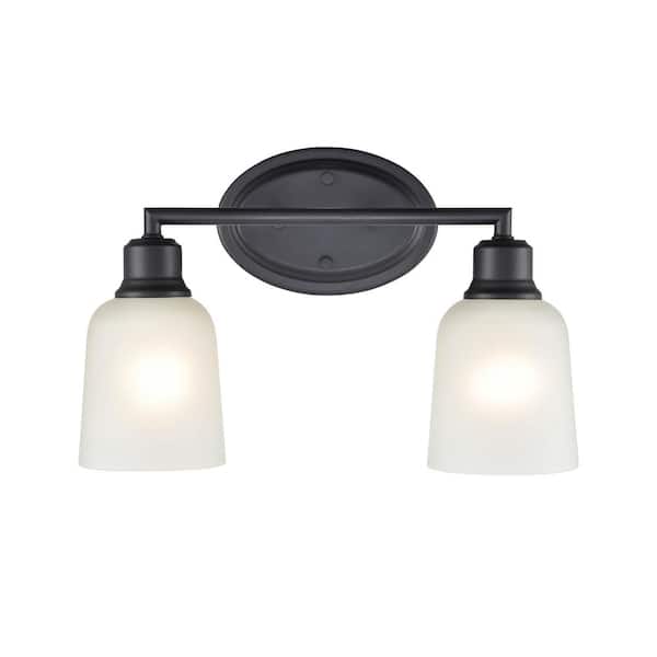 Millennium Lighting Amberle 15.25 in. 2-Light Matte Black Vanity Light with Frosted White Glass Shade